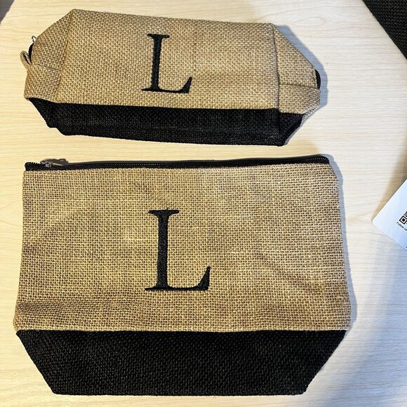 YOOLIFE Initialed “L" Embroidery Jute Tote Makeup Bag Monogram Vacation Resort - Picture 6 of 12